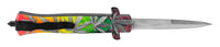 FPSTACTICAL Maui Wowie Automatic OTF Switchblade Stiletto Knife Black w/ Multi Color Marijuana print / Mirror Polish 3.75"
