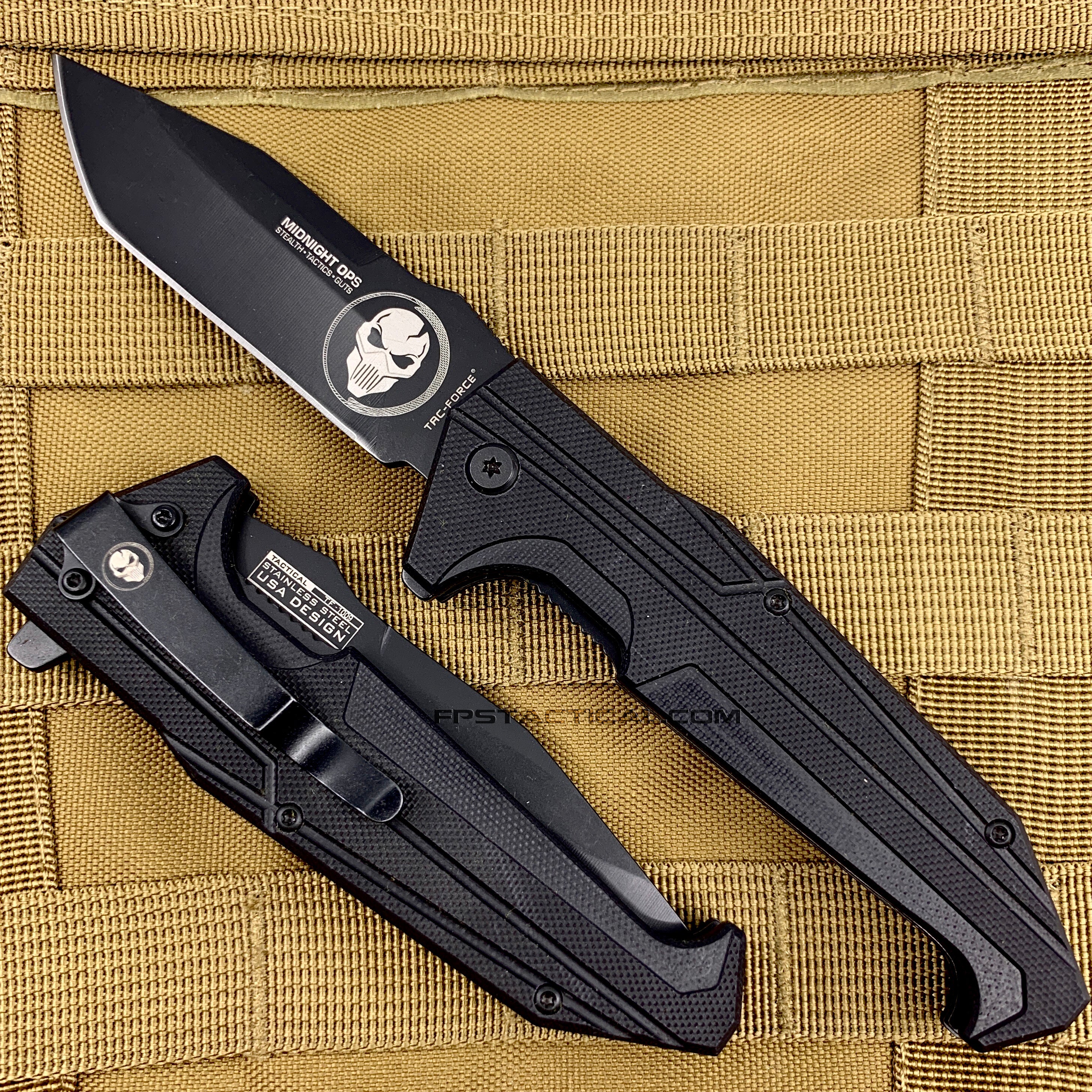 Tac-Force Midnight Ops Black Spring Assisted Skull Knife with G10