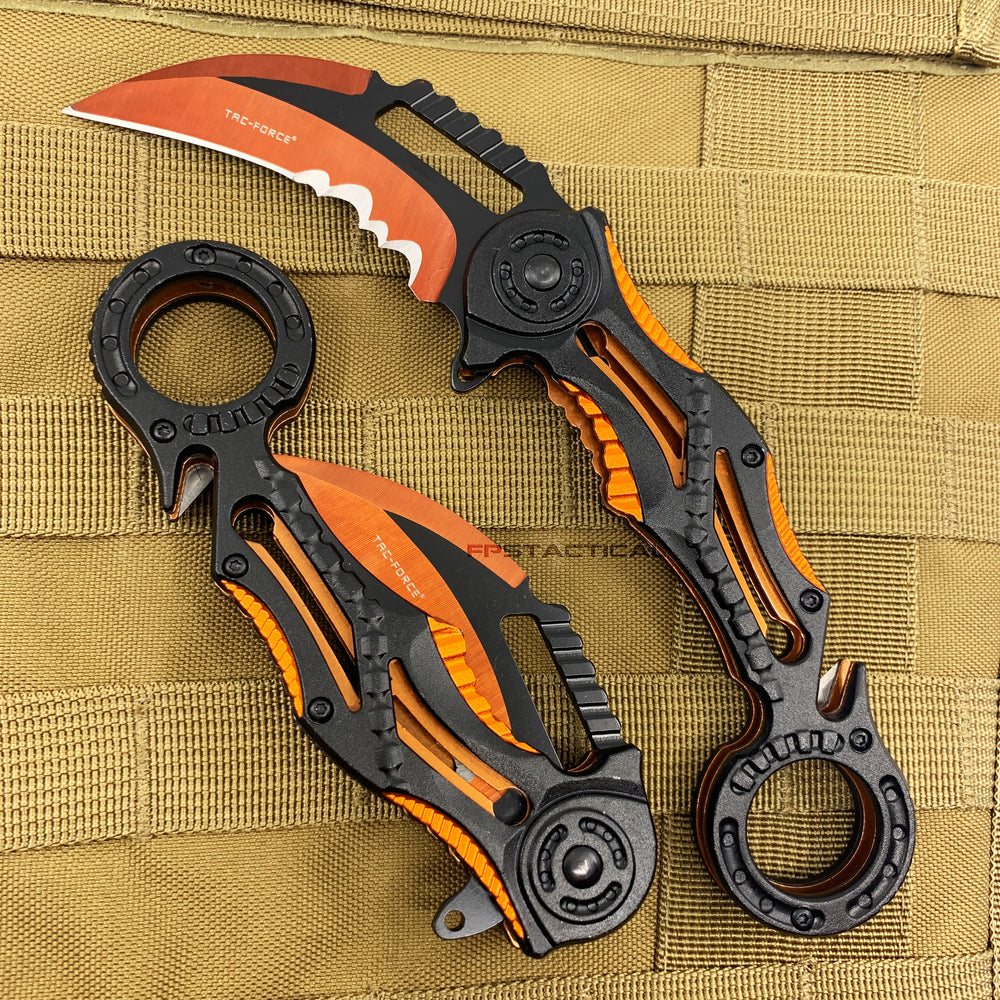 Tac-Force EMS / EMT Orange & Black Karambit Spring Assisted Tactical Rescue Knife w Seat Belt Cutter 3