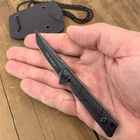 Tac-Force Black / Gray Stonewash Compact Full Tang Fixed Blade Knife w Necklace Sheath 2"
