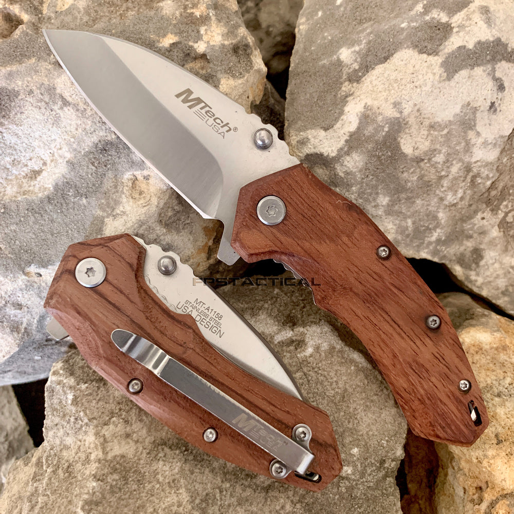 MTech USA Compact Spring Assisted Pocket Knife Silver with Wooden Scales 2.75