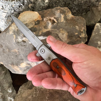 Falcon Compact Silver and Cherry Wood Spring Assisted Stiletto Knife 3"
