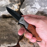 Falcon Compact Drop Point Black and Silver Pakkawood Spring Assisted Knife 3"
