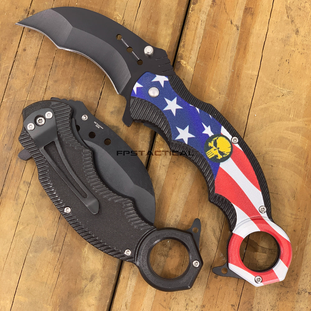 Pacific Solutions USA Flag Punisher Skull Spring Assist Karambit Knife Black Textured Polymer G10 Scales 2.75