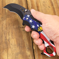 Pacific Solutions USA Flag Punisher Skull Spring Assist Karambit Knife Black Textured Polymer G10 Scales 2.75"
