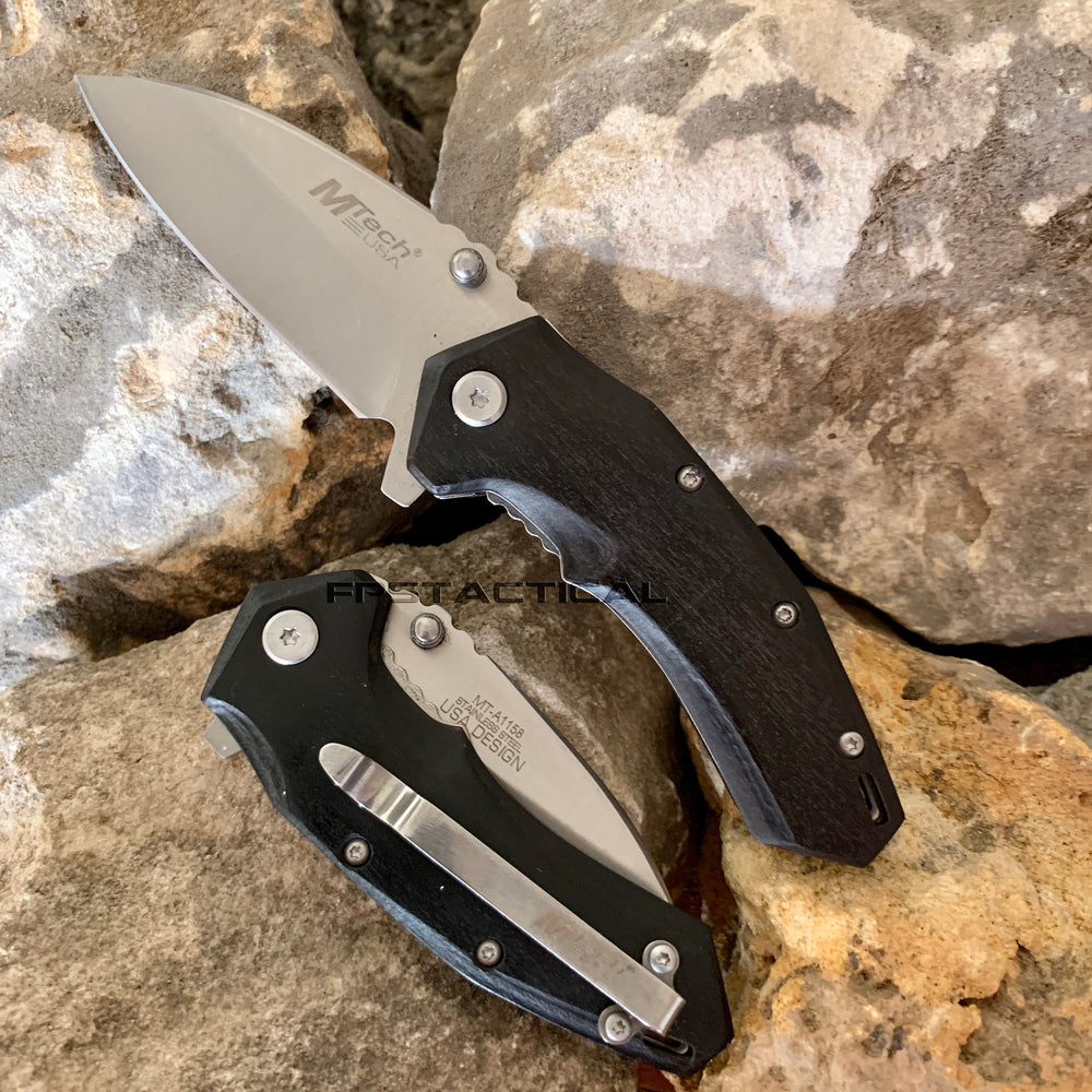 Mtech USA Compact Spring Assisted Pocket Knife Silver with Black Ash Wooden Scales 2.75