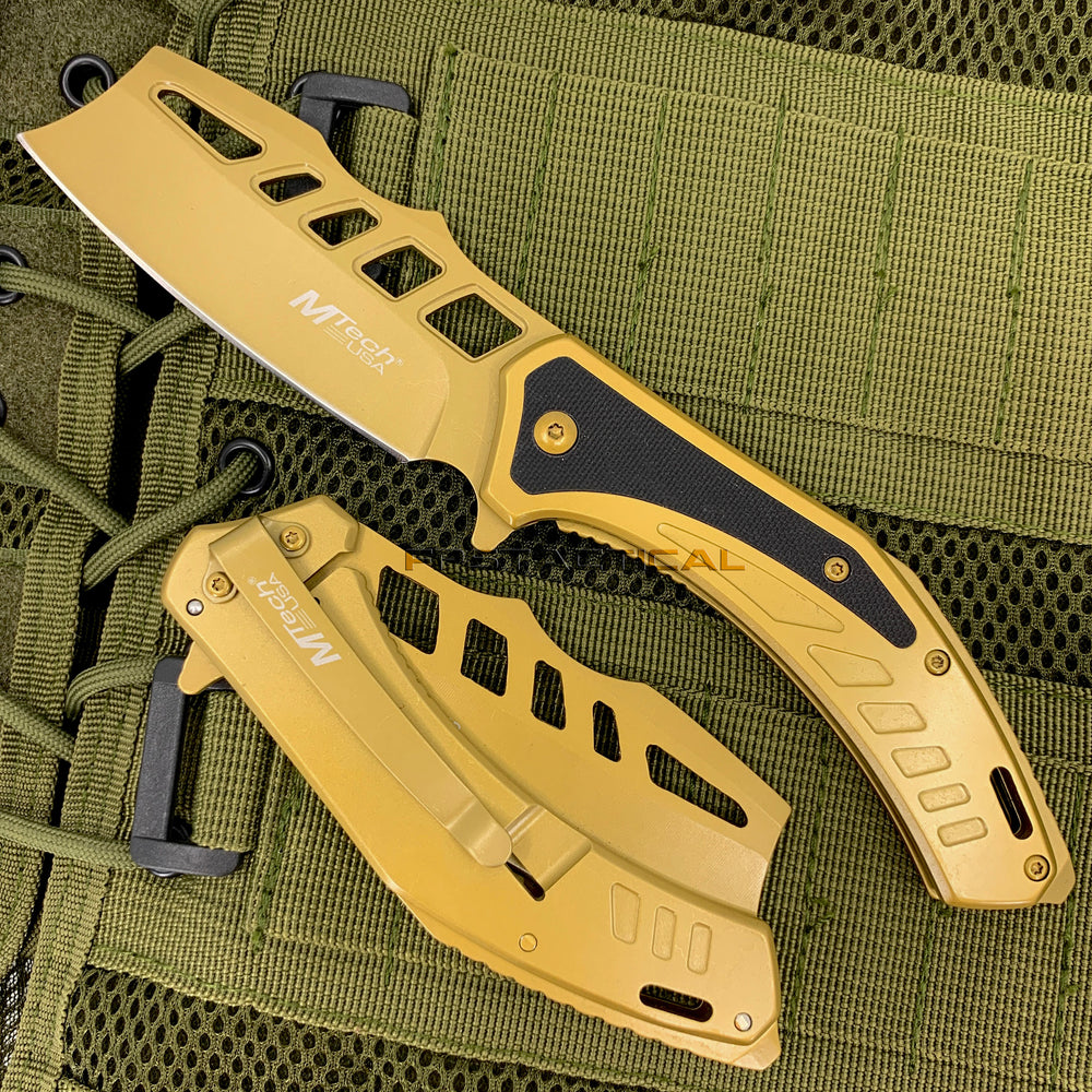 MTech USA Gold & Black Cleaver Spring Assisted Pocket Knife w/ G10 Inlay 3.5
