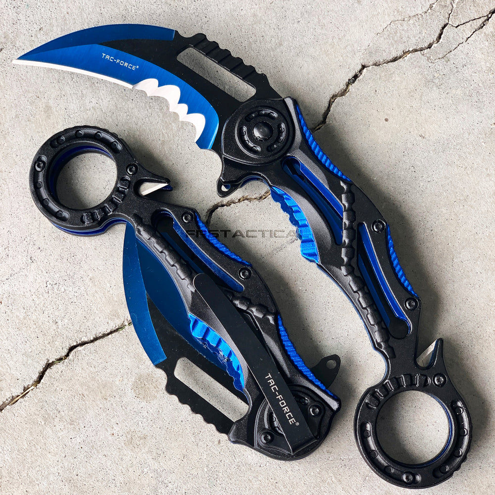 Tac-Force Police Blue & Black Karambit Spring Assisted Tactical Rescue Knife w Seat Belt Cutter 3