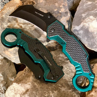 Tac-Force Teal Green & Black Karambit Spring Assisted Tactical Knife w Glass Breaker & Rubberized Grip 3"
