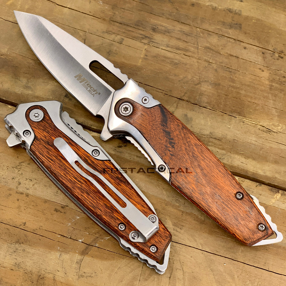 MTech USA Spring Assisted Pocket Knife Silver with Wooden Scales 3.25