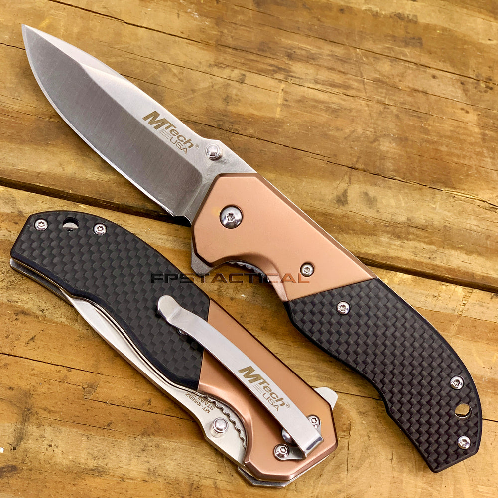 MTech USA Ball Bearing Silver & Copper Manual Folding Pocket Knife w Carbon Fiber Inlay 3.5