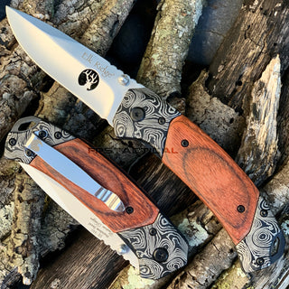 Elk Ridge Silver Manual Folding Pocket Knife w Damascus Bolster Etching and Wooden Inlays 3.5