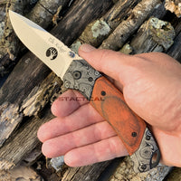 Elk Ridge Silver Manual Folding Pocket Knife w Damascus Bolster Etching and Wooden Inlays 3.5"