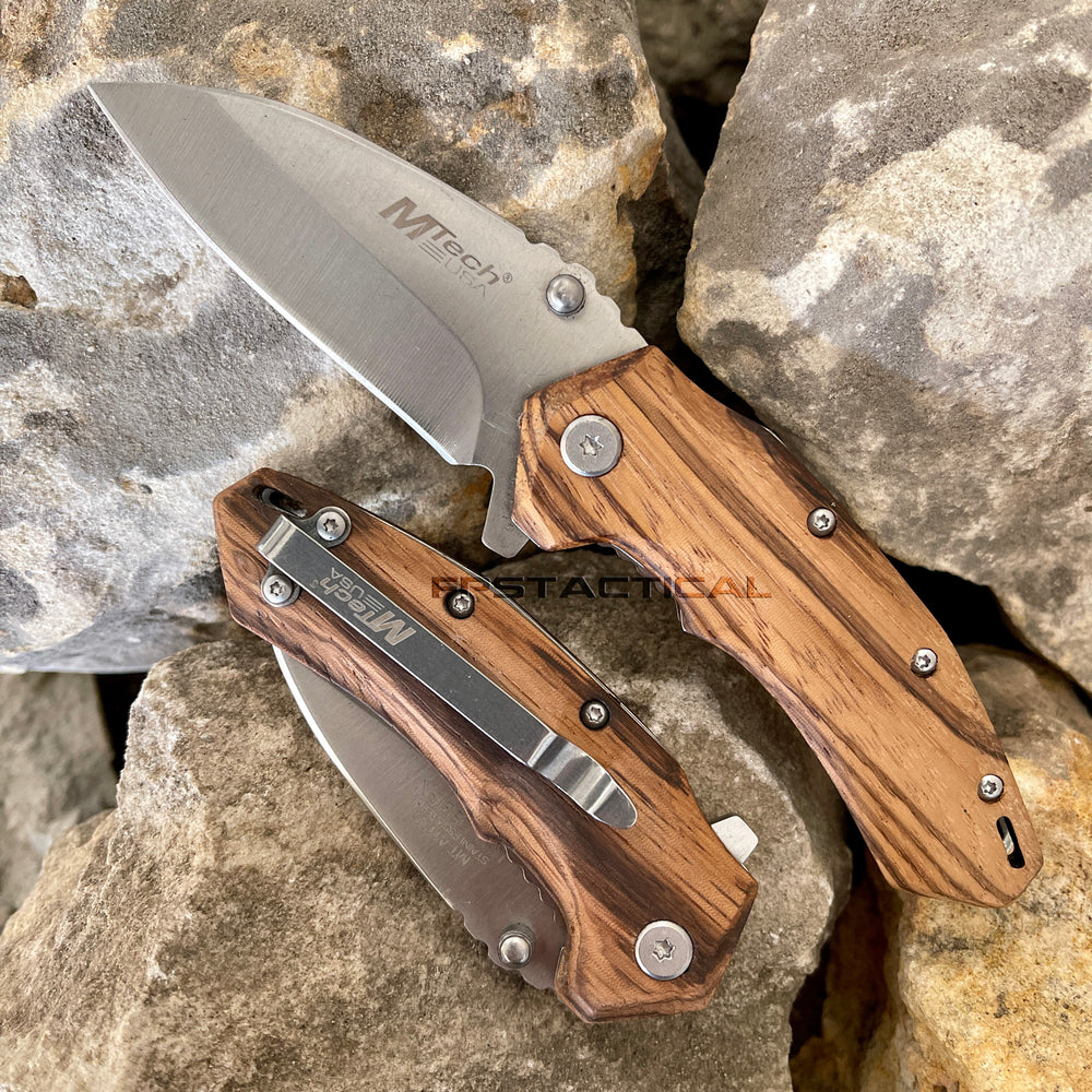 Mtech USA Compact Spring Assisted Pocket Knife Silver with Brown Zebra Wood Scales 2.75