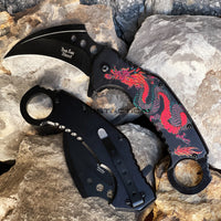 Dark Side Matte Black Embossed Dragon Spring Assisted Karambit Fantasy Knife 3"
