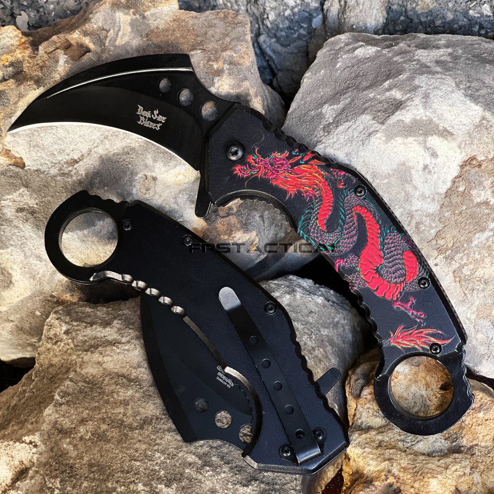 Dark Side Matte Black Embossed Dragon Spring Assisted Karambit Fantasy Knife 3
