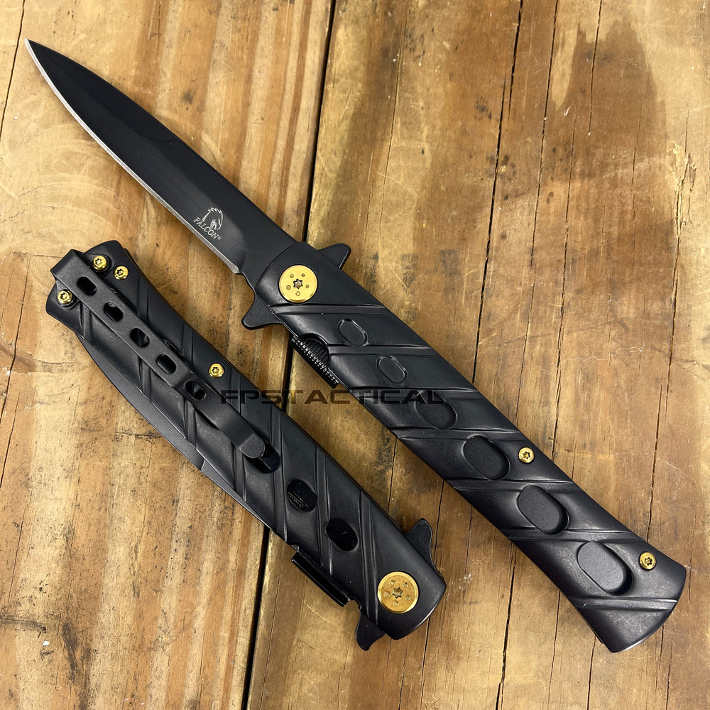 Falcon KS1108BK Matte Black Grooved Handle Spring Assisted Stiletto Knife 4