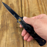 Falcon KS1108BK Matte Black Grooved Handle Spring Assisted Stiletto Knife 4"

