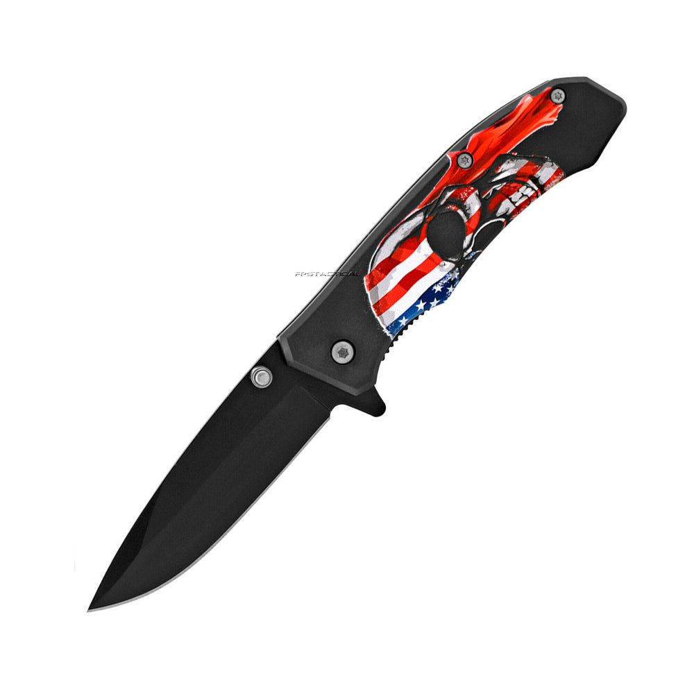 Falcon KS1635FL Compact Drop Point USA American Skull Spring Assisted Knife Black 3