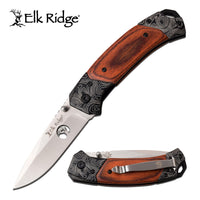 Elk Ridge Silver Manual Folding Pocket Knife w Damascus Bolster Etching and Wooden Inlays 3.5"