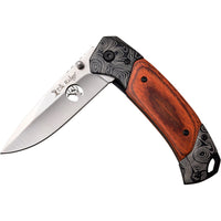 Elk Ridge Silver Manual Folding Pocket Knife w Damascus Bolster Etching and Wooden Inlays 3.5"
