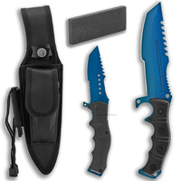 FPSTACTICAL 12" Fixed Blade Survival Knife Kit with Spring Assisted Knife, Sharpening Stone, Flint Firestarter, and Case (Blue)