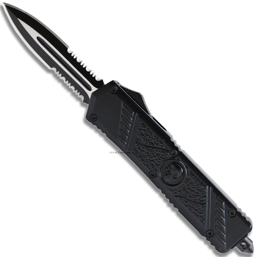 FPSTACTICAL Fateful Vertex Black and Silver Double Serrated OTF Knife 3.5
