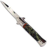 FPSTACTICAL Reaper Italian Style Stiletto Switchblade Mirror Polish / Chrome & Grim Reaper 3D Molded Scales 4"
