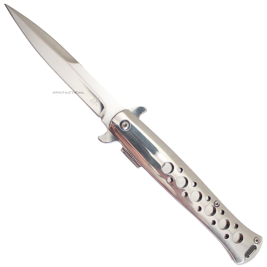 Falcon Silver and Pink Pearlex Spring Assisted Stiletto Knife 3.75