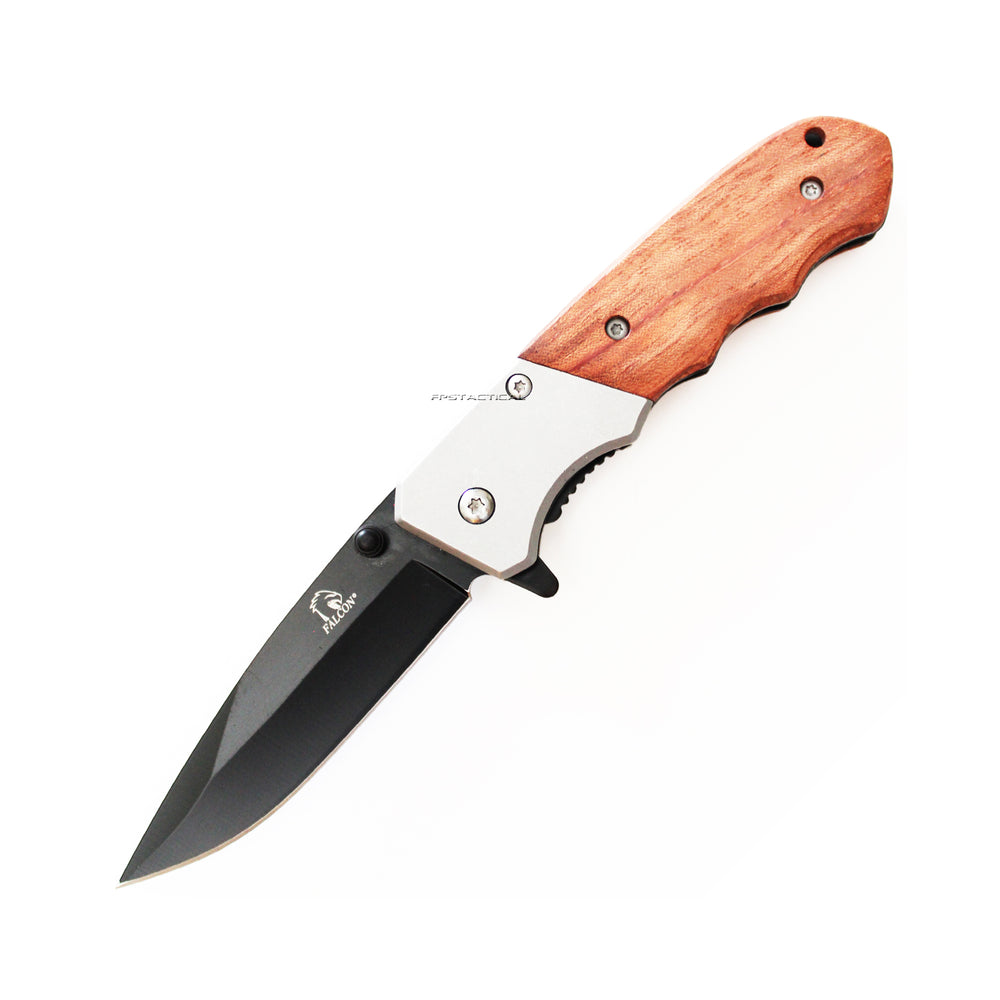 Falcon Compact Drop Point Black and Silver Pakkawood Spring Assisted Knife 3