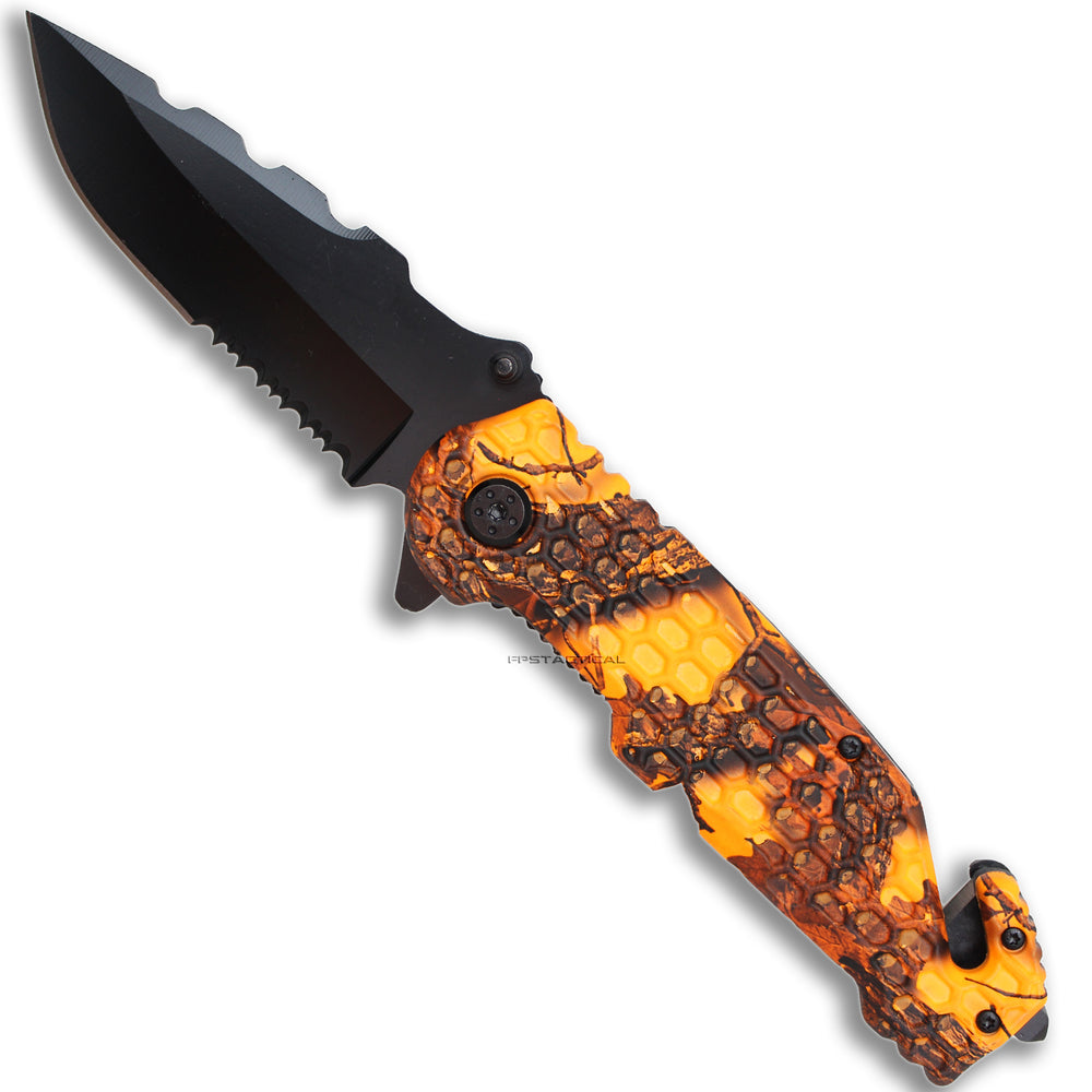 Pacific Solutions Neon Orange Woodland Camouflage Spring Assisted  Hunting / Survival Knife 3.75