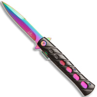 Falcon KS1108RB Iridescent and Black Grooved Handle Spring Assisted Stiletto Knife 4"
