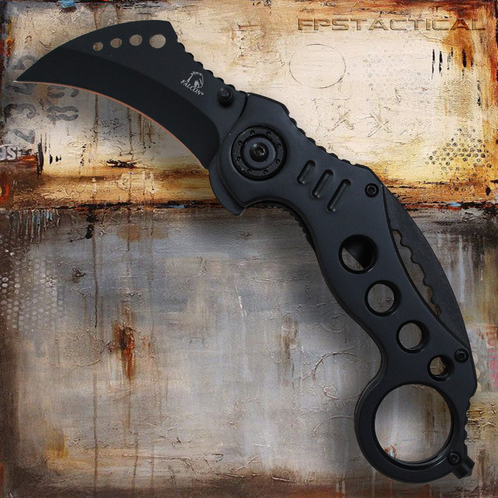 Falcon Matte Black Karambit Spring Assisted Tactical Knife 2.5