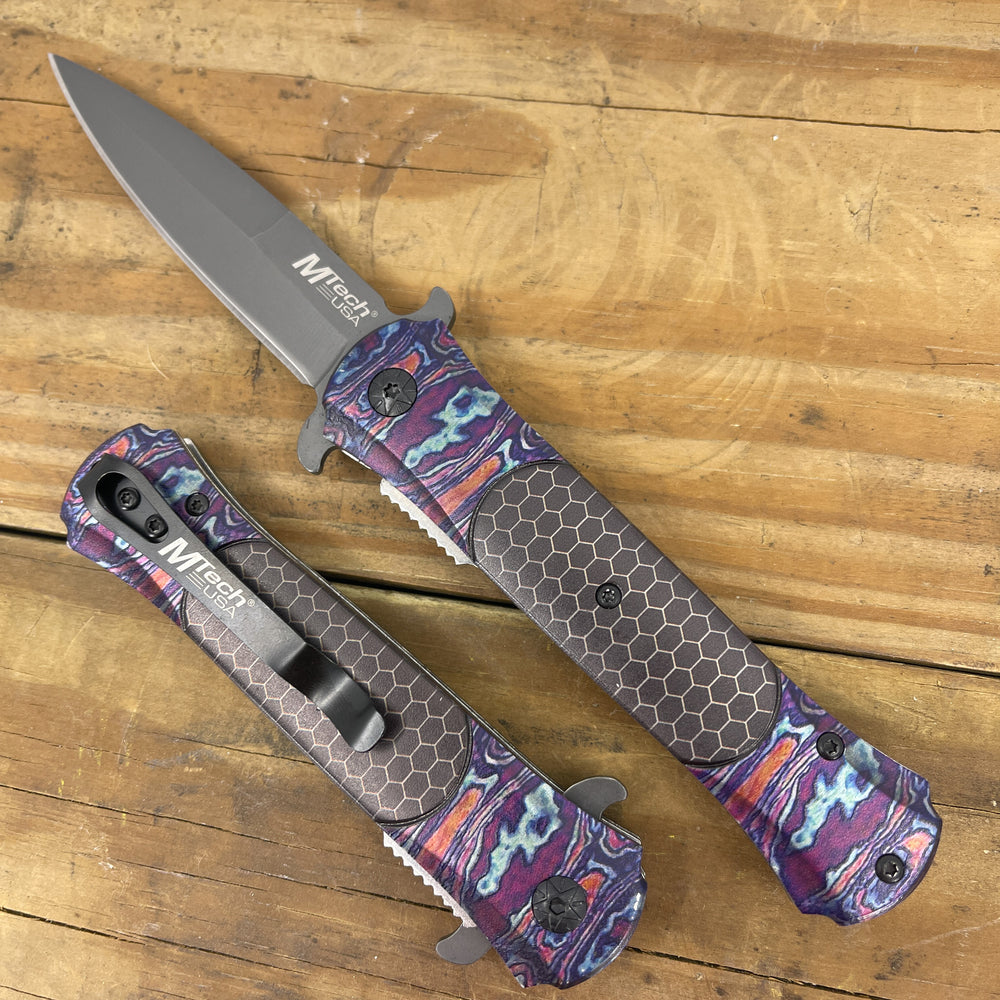 Mtech USA Timascus Rainbow & Gray Tinite Coated Spring Assisted Stiletto Knife 3.5