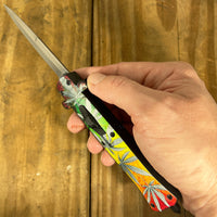 FPSTACTICAL Maui Wowie Automatic OTF Switchblade Stiletto Knife Black w/ Multi Color Marijuana print / Mirror Polish 3.75"