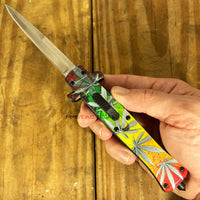FPSTACTICAL Maui Wowie Automatic OTF Switchblade Stiletto Knife Black w/ Multi Color Marijuana print / Mirror Polish 3.75"
