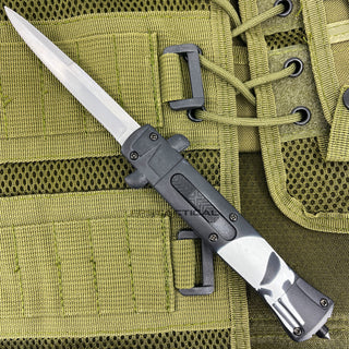FPSTACTICAL Punisher's Delight Automatic OTF Switchblade Stiletto Knife Black w/ White Punisher Skull / Mirror Polish 3.75