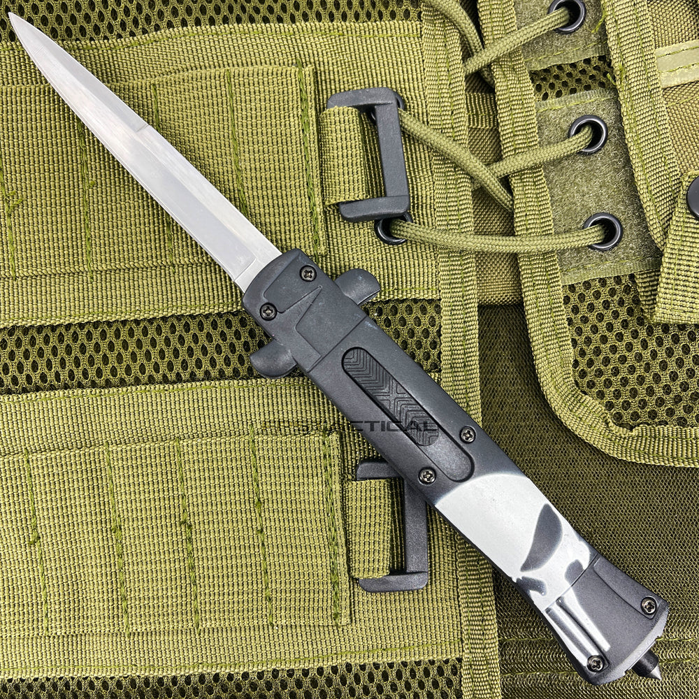 FPSTACTICAL Punisher's Delight Automatic OTF Switchblade Stiletto Knife Black w/ White Punisher Skull / Mirror Polish 3.75