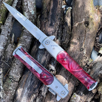 Falcon Silver and Burgundy Purple Marble Spring Assisted Stiletto Knife 3.75"
