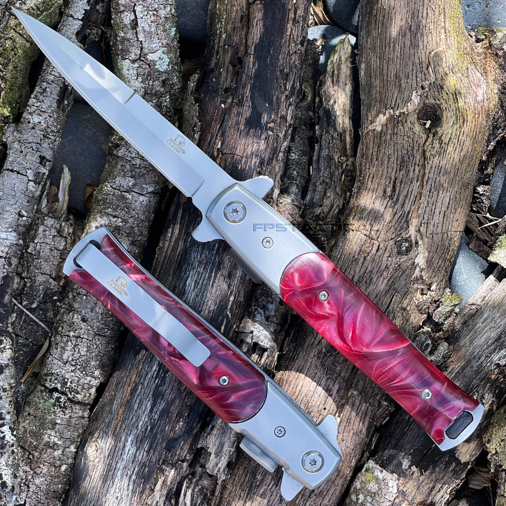 Falcon Silver and Burgundy Purple Marble Spring Assisted Stiletto Knife 3.75