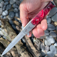 Falcon Silver and Burgundy Purple Marble Spring Assisted Stiletto Knife 3.75"
