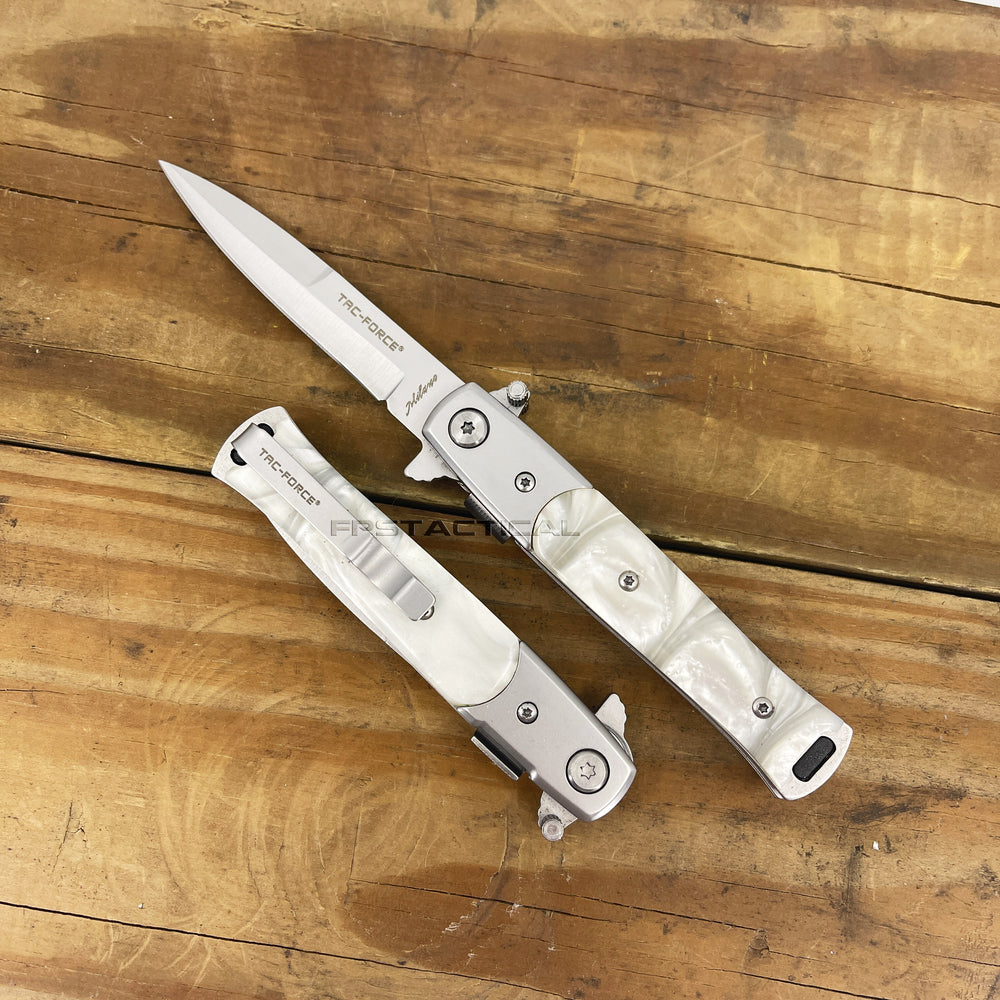 Tac-Force Compact White Pearlex / Marble and Silver Spring Assisted Stiletto Knife 3.25