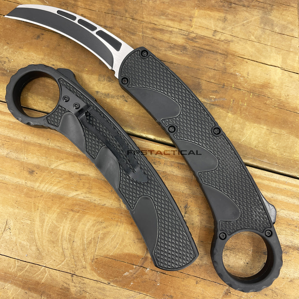 ALP Vulcanite Black and Silver Karambit Style OTF Automatic Switchblade with Rubberized Grip 3.25