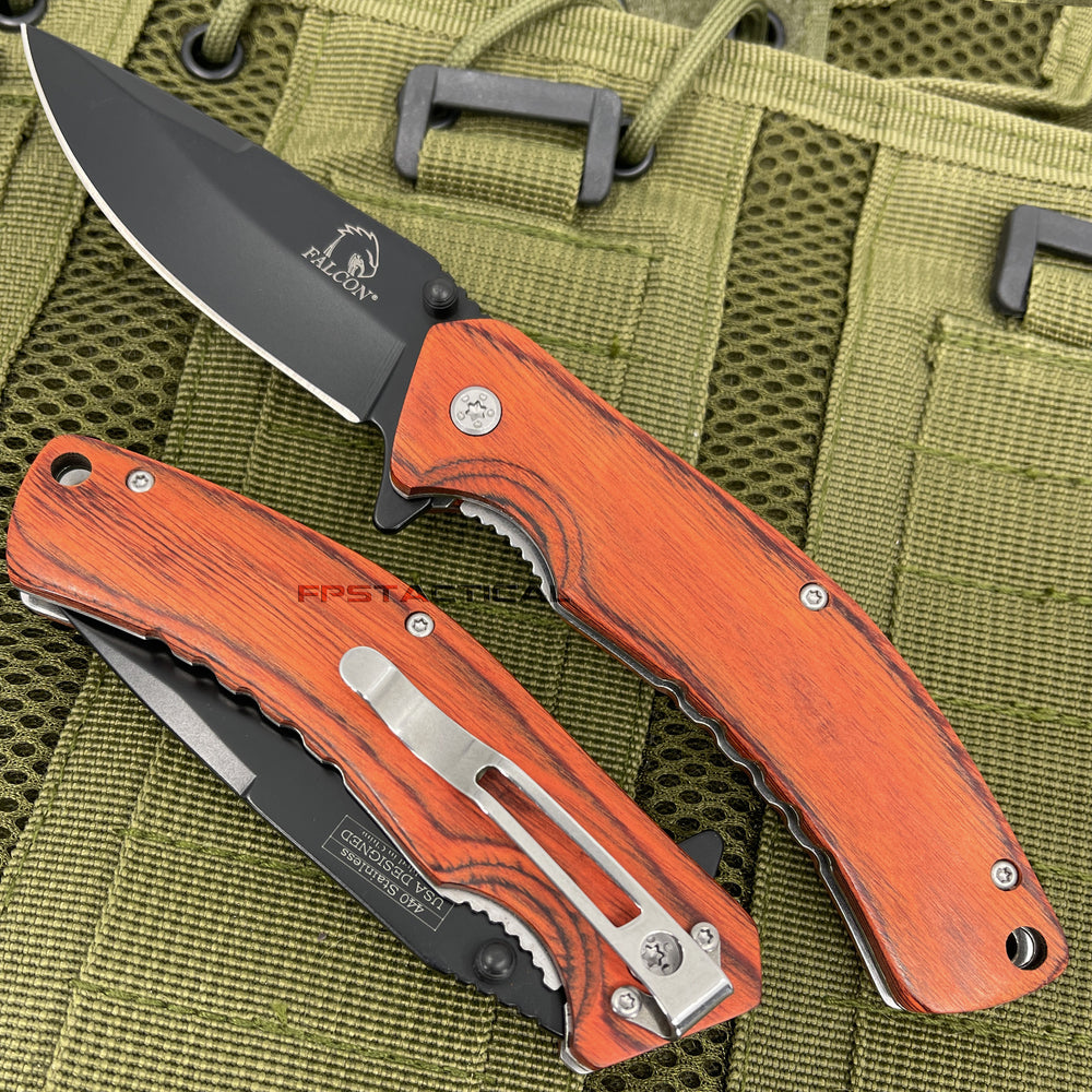 Falcon Stainless Steel Black and Wooden Drop Point Classic Manual Folding Knife 3.5