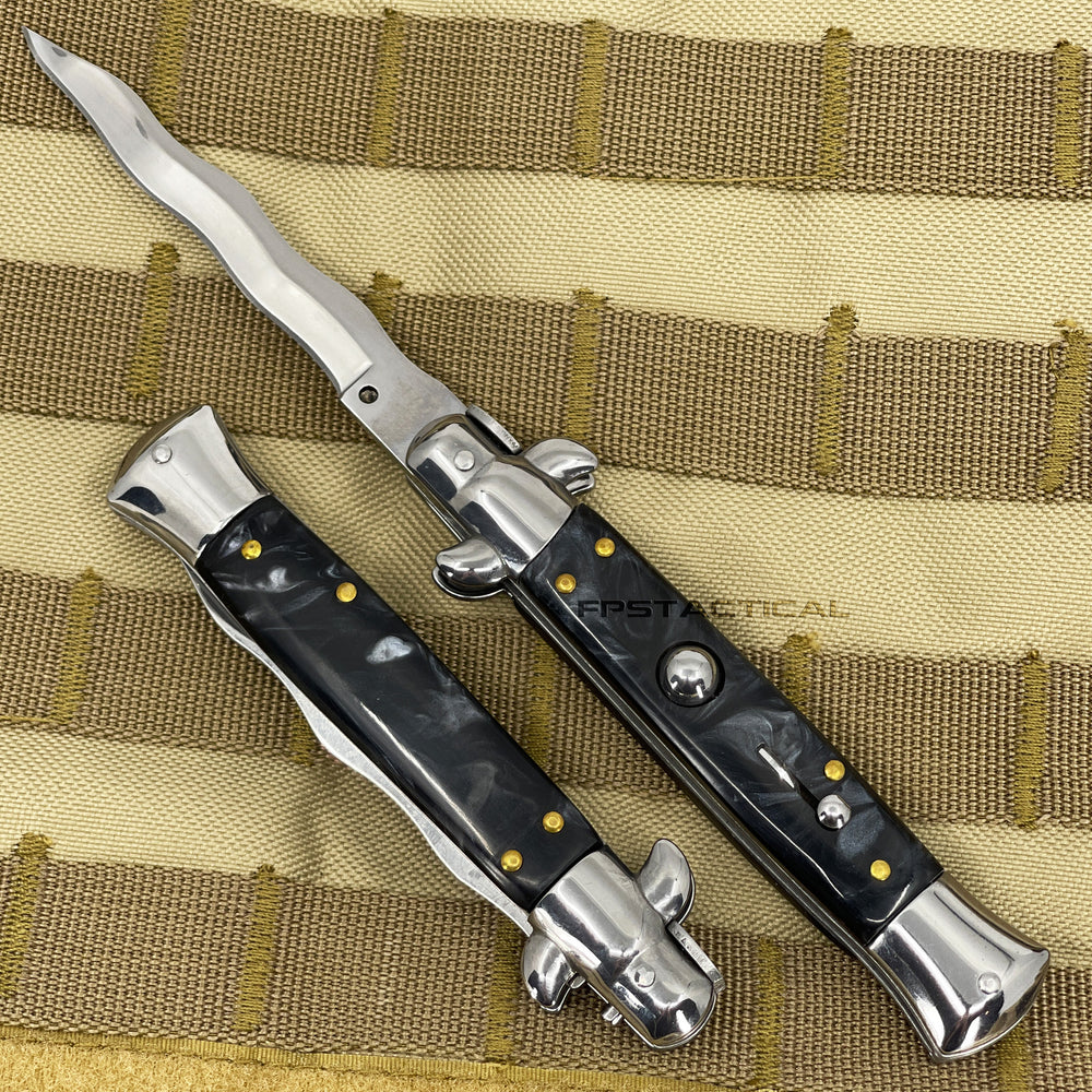FPSTACTICAL Careen Curved Kris Blade Italian Style Stiletto Switchblade Mirror / Chrome with Gray Marble / Pearlex Scales 4