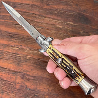 FPSTACTICAL Relic Italian Style Stiletto Switchblade Chrome / Polished with Bone Scales 4"
