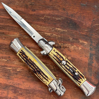 FPSTACTICAL Relic Italian Style Stiletto Switchblade Chrome / Polished with Bone Scales 4"
