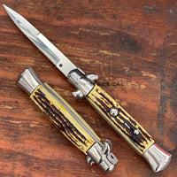 FPSTACTICAL Relic Italian Style Stiletto Switchblade Chrome / Polished with Bone Scales 4"