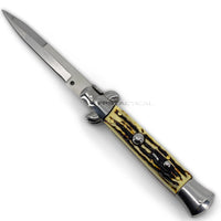 FPSTACTICAL Relic Italian Style Stiletto Switchblade Chrome / Polished with Bone Scales 4"
