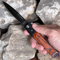 Tac-Force Milano Spring Assisted Stiletto Pocket Knife Black with Wooden Scales 3.75"
